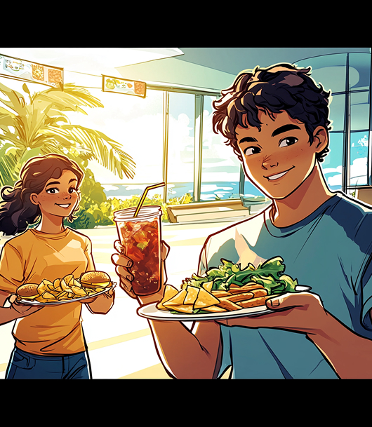 Character competing in a healthy food challenge